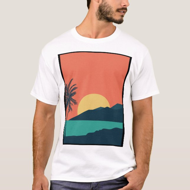 Palm Tree Sunset, Island, Boho Abstract Art T-Shirt (Front)
