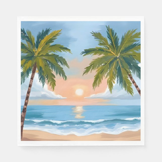 Palm Tree Sunset | Tropical Beach Wedding Napkin (Front)
