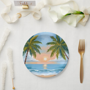 Palm Tree Sunset   Tropical Beach Wedding Paper Plate