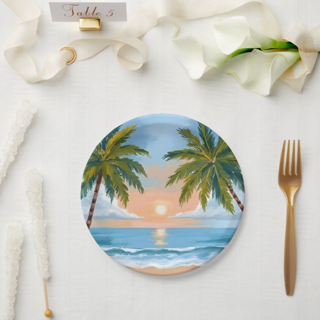 Palm Tree Sunset | Tropical Beach Wedding Paper Plate (Wedding)