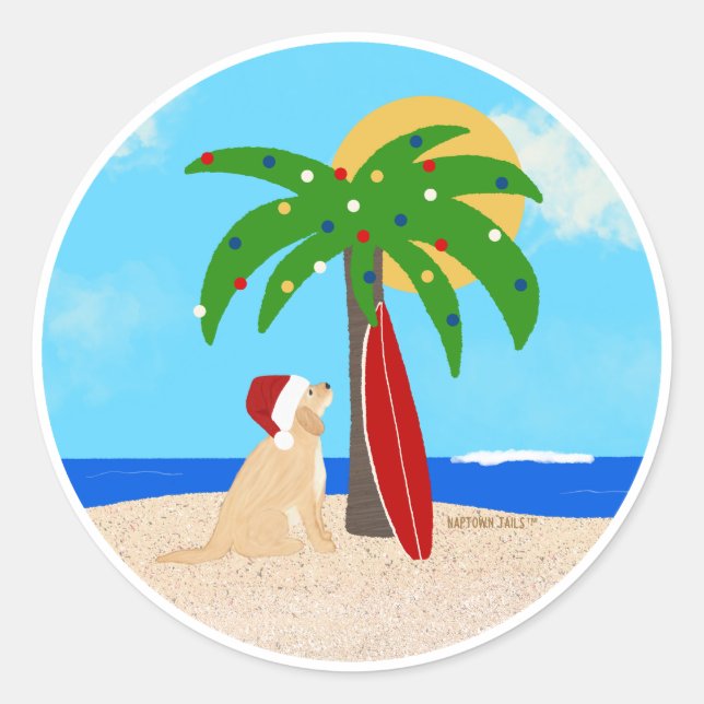 Palm Tree Surf Board Santa Dog Christmas Stickers (Front)