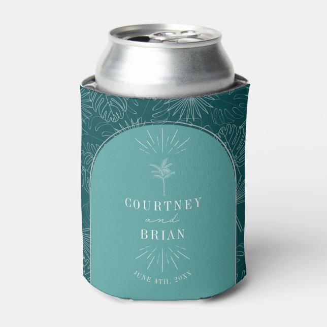 Palm Tree Teal Beach Wedding  Can Cooler (Can Front)
