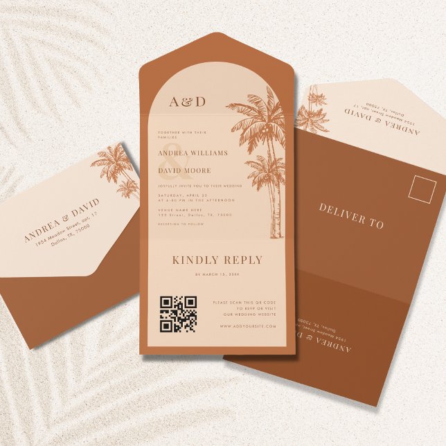 Palm Tree Terracotta QR Code All in One Wedding Invitation (Creator Uploaded)