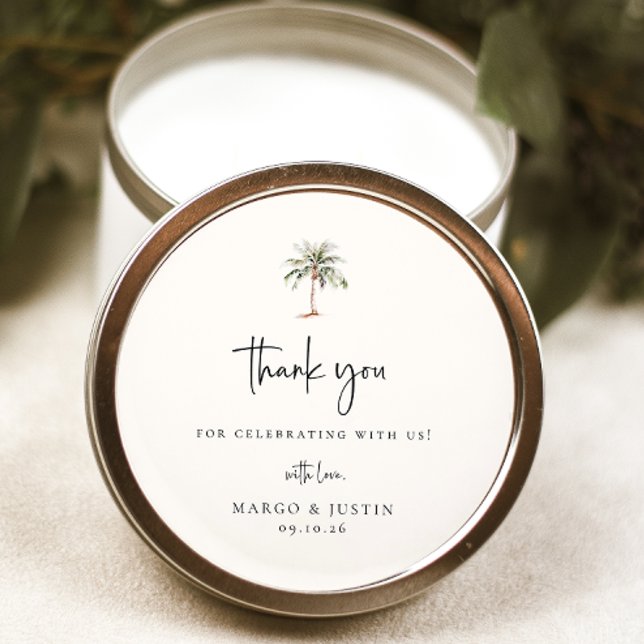 Palm Tree Thank You Wedding Favour Classic Round Sticker (Creator Uploaded)