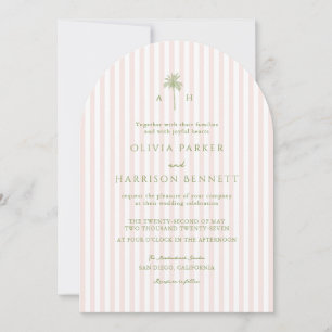 Palm Tree Tropical Arched Pink Stripe Wedding Invitation