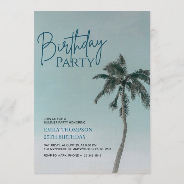 Palm Tree Tropical Beach Birthday Party  Invitation (Front)