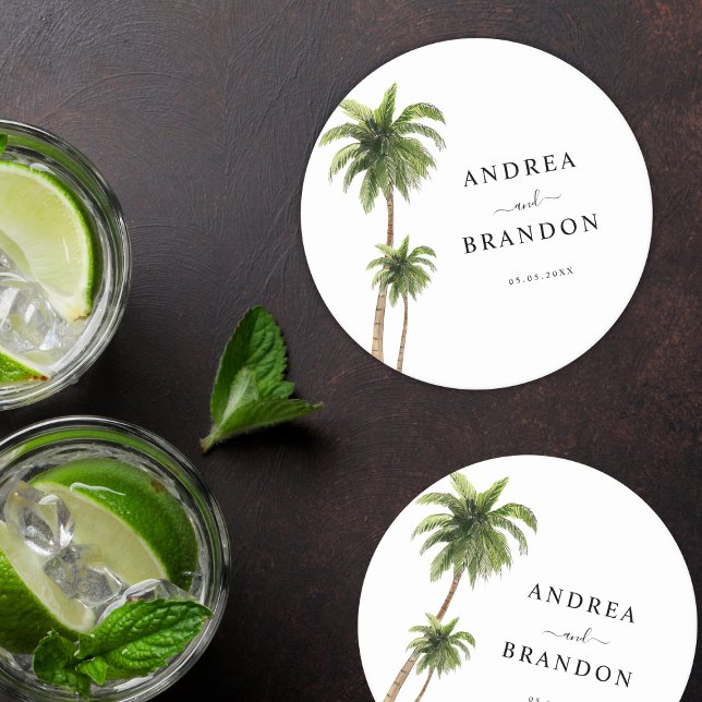 Palm Tree Tropical Beach Coast Destination Wedding Round Paper Coaster (Creator Uploaded)