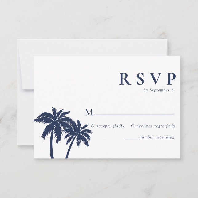 Palm Tree Tropical Beach Navy Wedding RSVP Card  (Front)