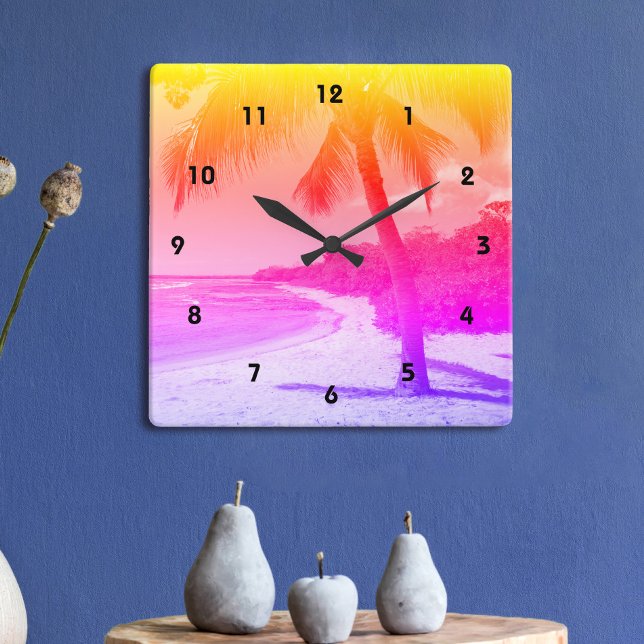 Palm Tree Tropical Beach Orange Pink Purple Ombre Square Wall Clock (Creator Uploaded)