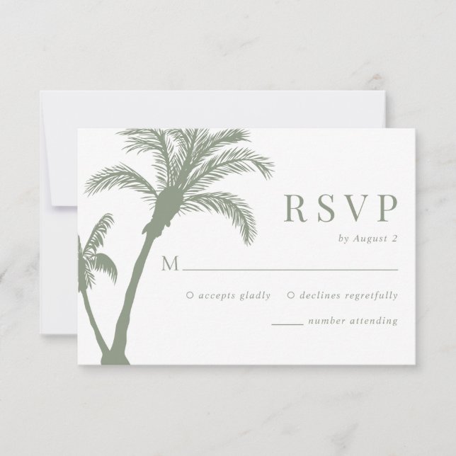 Palm Tree Tropical Beach Sage Green Wedding RSVP Card (Front)