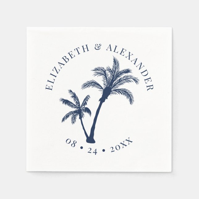Palm Tree Tropical Beach Wedding Navy Blue Napkin (Front)