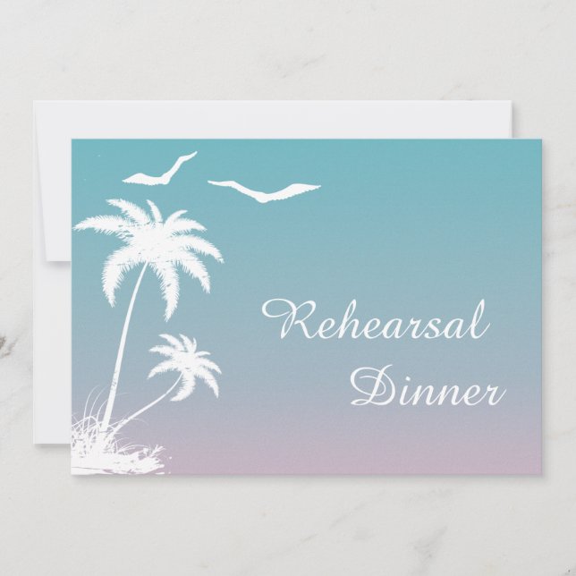Palm tree tropical beach wedding rehearsal dinner invitation (Front)