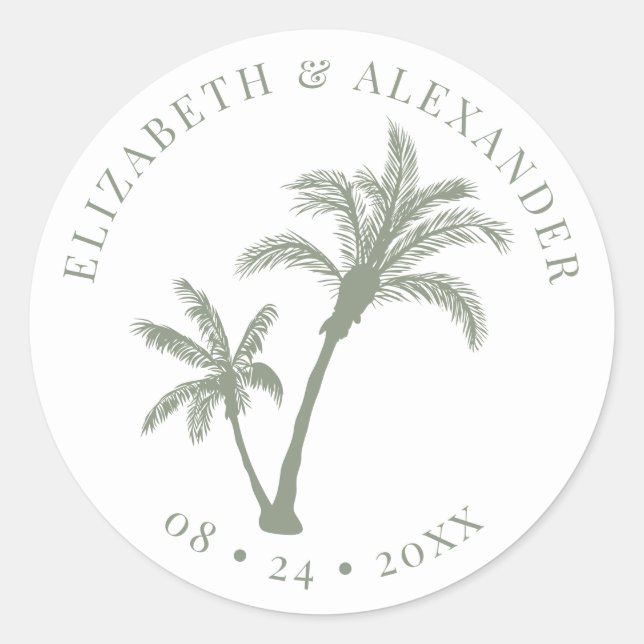 Palm Tree Tropical Beach Wedding Sage Green Classic Round Sticker (Front)