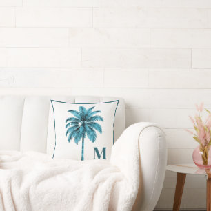  Palm Tree Tropical Blue Elegant Monogram Cushion