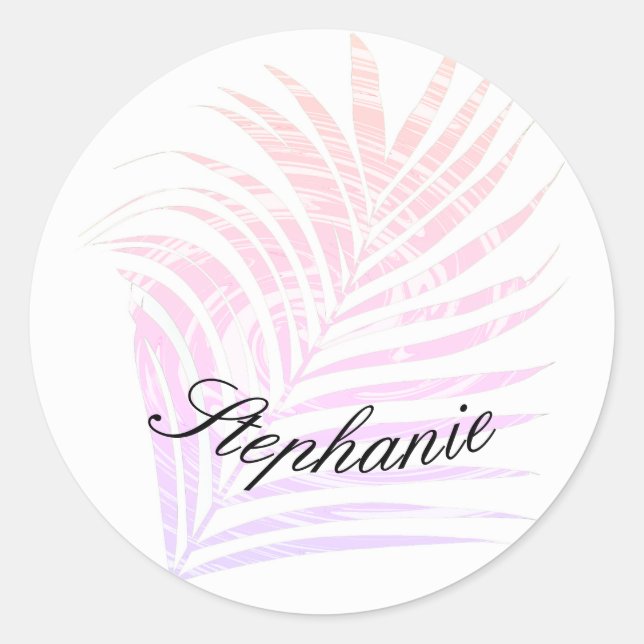 Palm Tree Tropical Pink Patterns Custom Name Classic Round Sticker (Front)