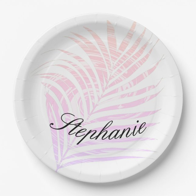 Palm Tree Tropical Pink Patterns Custom Name  Paper Plate (Front)
