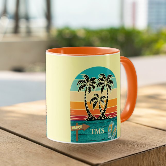 Palm Tree Tropical Retro Sunset FlipFlops Monogram Mug (Creator Uploaded)