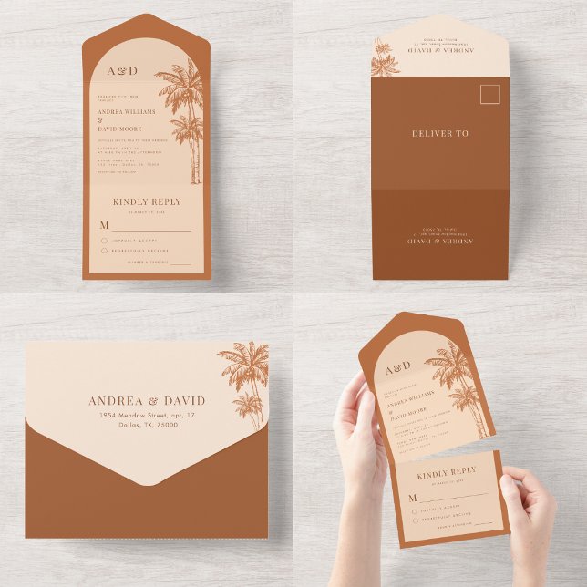 Palm Tree Tropical Terracotta & Cream Boho Wedding All In One Invitation (Creator Uploaded)