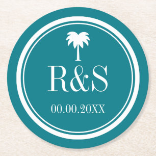 Palm tree turquoise blue monogram wedding coasters
