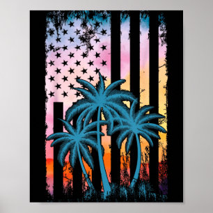 Palm Tree Vintage Sunset American Flag Beach Poster