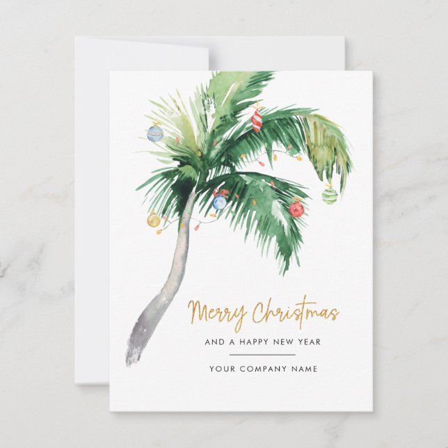 Palm Tree Watercolor Business Christmas Holiday Card (Front)