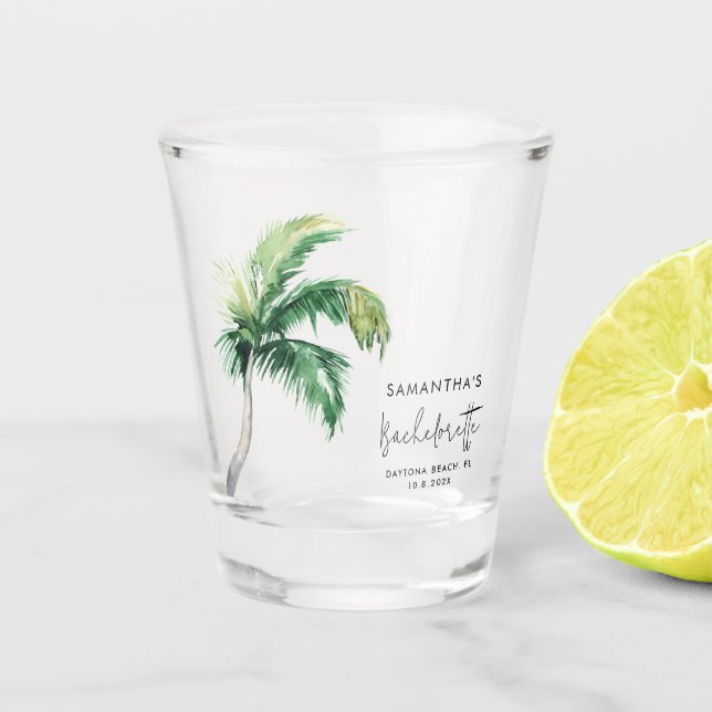 Palm Tree Watercolor Personalised Bachelorette Shot Glass (Front)