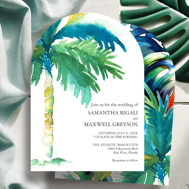 Palm Tree Watercolor Wedding Invitation (Palm tree wedding invitations watercolor art by Victoria Grigaliunas of Do Tell A Belle)