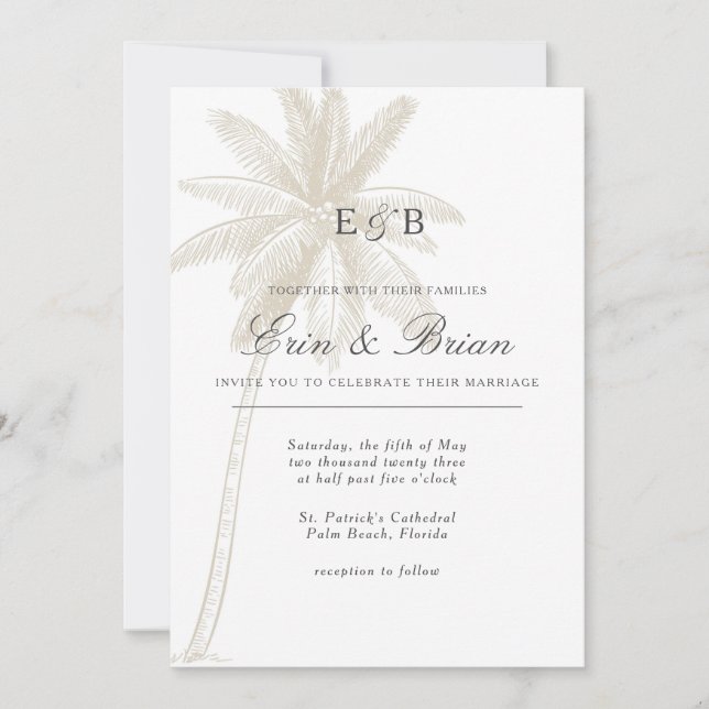 Palm Tree Wedding Invitation Neutral Colour Vintag (Front)