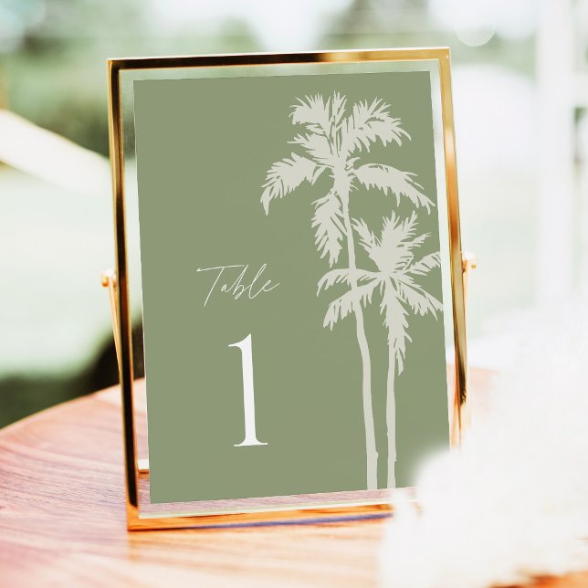 Palm Tree Wedding Table Numbers, Sage Tropical (Palm Tree Wedding Table Numbers Sage Green Tropical Reception Sign Gold Frame Destination Decor)