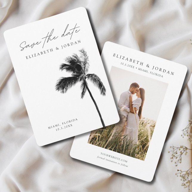 Palm Tree Wedding Theme Minimalist Save the Date Invitation (Palm Tree Save the Date with Engagement Photo)