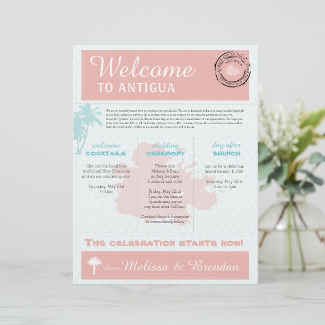 Palm Tree Wedding Welcome Letter for Antigua (Standing Front)