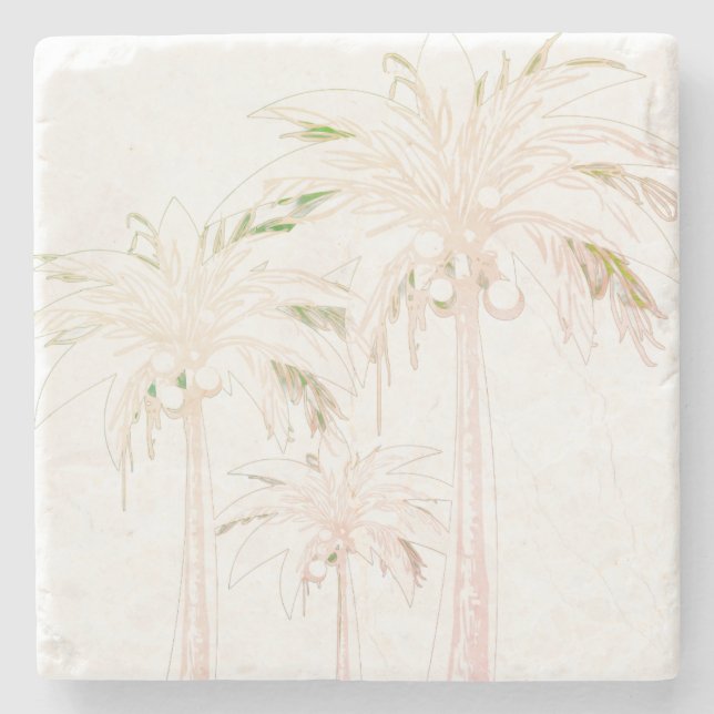 Palm Tree White Beige Neutral Modern Tropical Stone Coaster (Front)