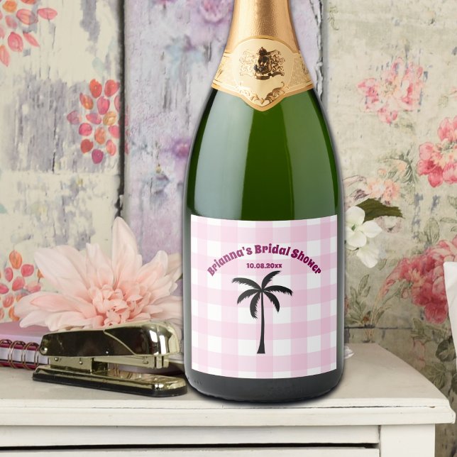 Palm Tree White Pink Chequered Bridal Shower Sparkling Wine Label (Creator Uploaded)