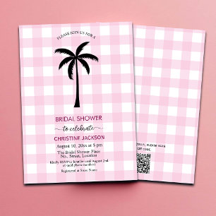 Palm Tree White Pink Chequered QR Code Bridal  Invitation