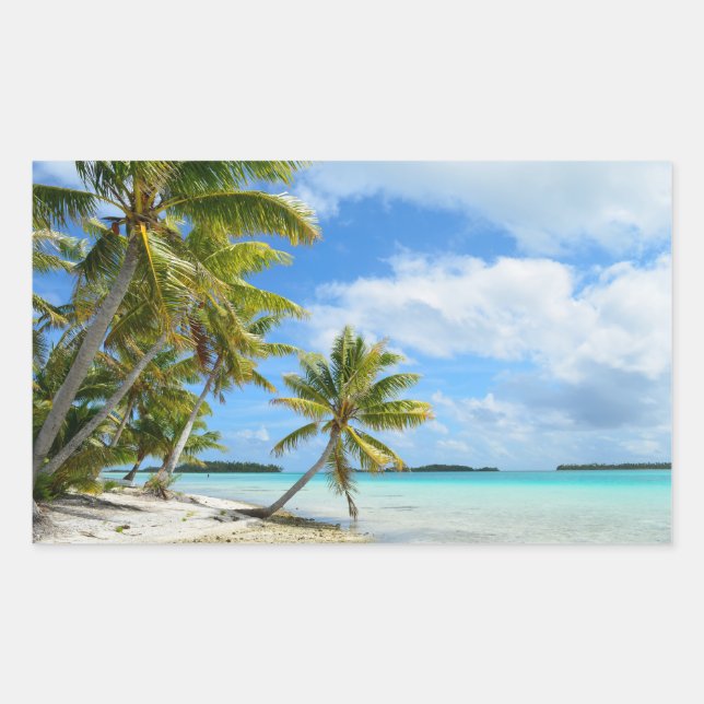 Palm tree white sand beach rectangular sticker (Front)