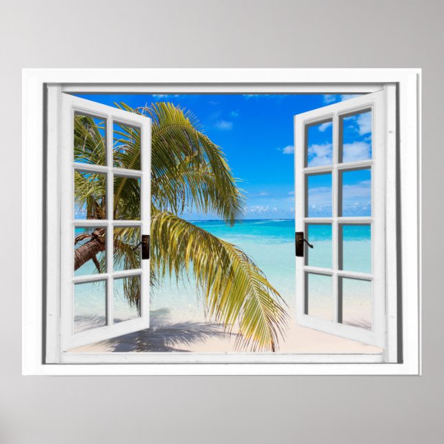 Palm Tree Window Beach View Poster (Front)