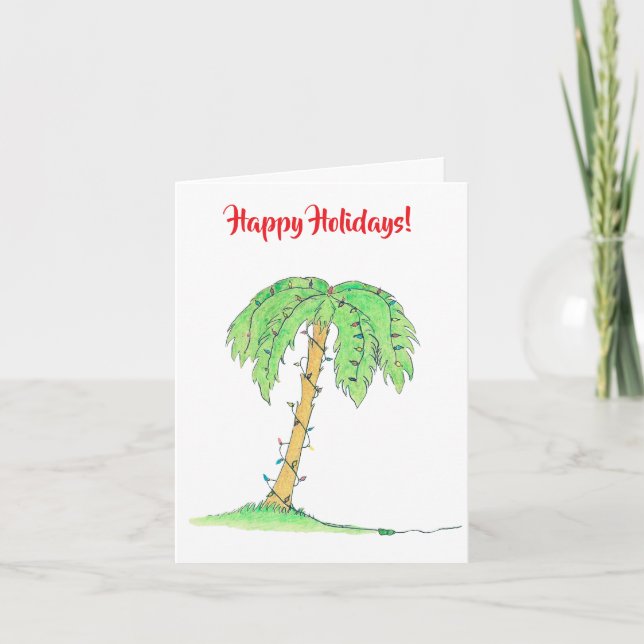 Palm Tree with Holiday Lights "Happy Holidays" Card (Front)