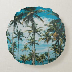 Palm trees above the ocean, vintage toned and retr round cushion