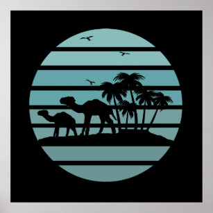 palm trees and camels vintage sunset poster