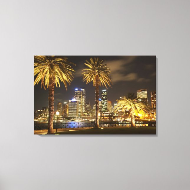 Palm Trees and CBD at Night, Sydney, New South Canvas Print (Front)