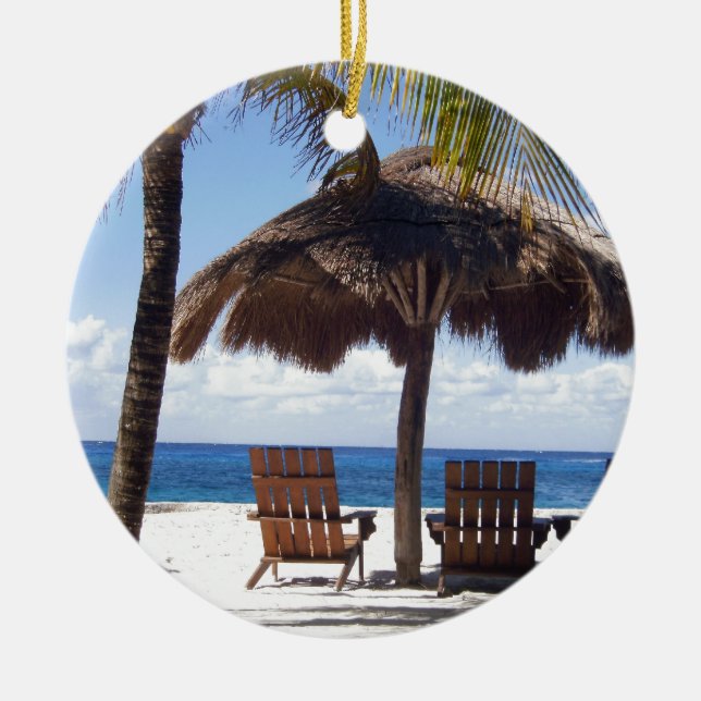 Palm Trees and chairs Mexico Beach Ceramic Tree Decoration (Front)