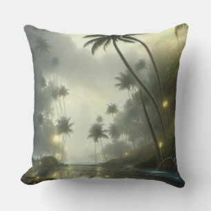 Palm Trees and Ocean Foggy Day Cushion