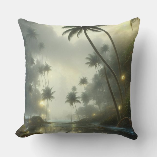Palm Trees and Ocean Foggy Day Cushion (Front)