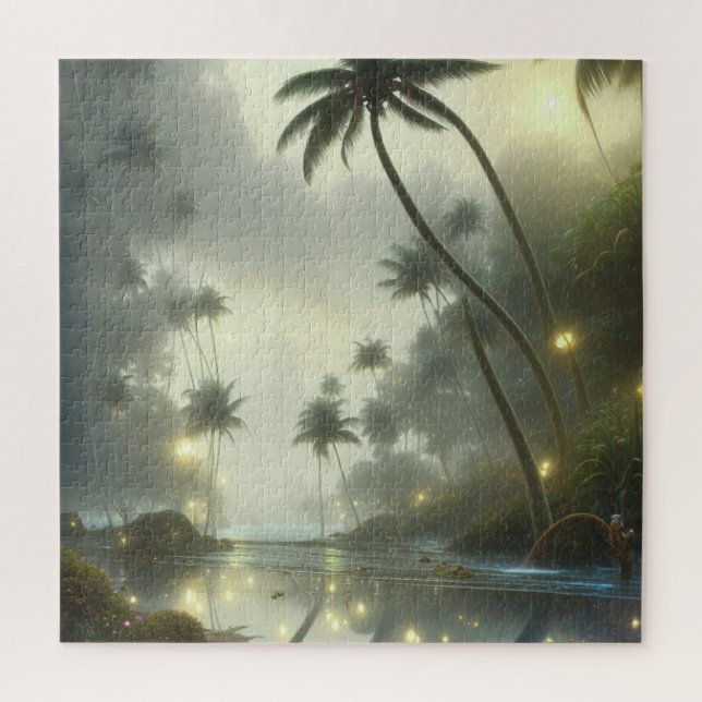 Palm Trees and Ocean Foggy Day Jigsaw Puzzle (Vertical)