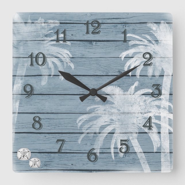 Palm Trees and Sand Dollars Blue Rustic Wood Beach Square Wall Clock (Front)