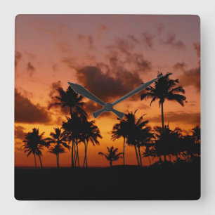 Palm Trees at Sunset - red Square Wall Clock