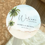 Palm Trees Beach Destination Wedding Welcome Classic Round Sticker<br><div class="desc">Celebrate your wedding with these pretty stickers,  featuring watercolor palm trees and your custom text. Easily add your own details by clicking on the "personalise" option.</div>