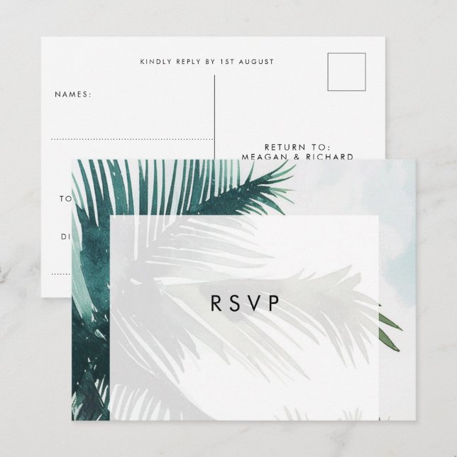 Palm trees boho beach wedding rsvp postcard (Front/Back)