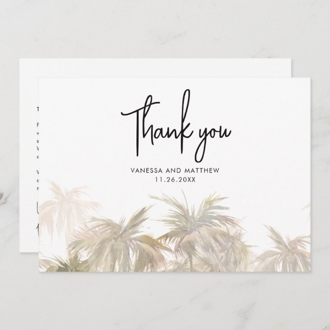 Palm Trees Coastal Hand-Lettered Wedding Thank You Card (Front/Back)