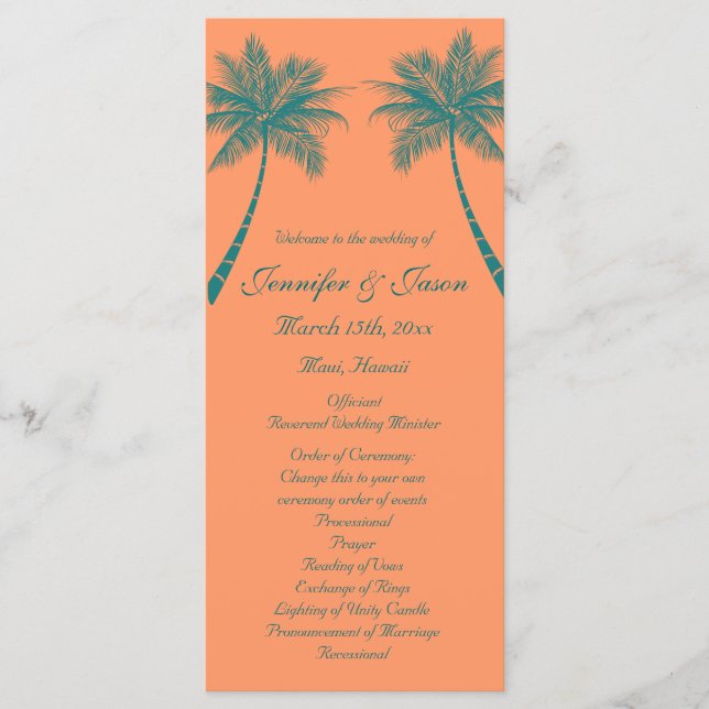 Palm Trees Coral Teal Beach Wedding Programs Programme (Front)